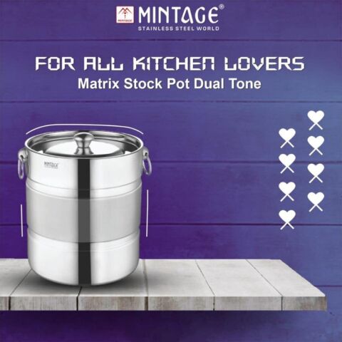 Mintage Stainless Steel Matrix Stock Pot Dual Tone - 8 L, 9.5 L, 12 L Silver Utility Container (Pack of 3, Silver)