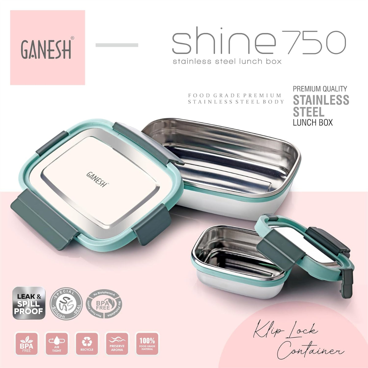 Ganesh Shine Stainless Steel Leak Proof Lunch Box Set for School & Office 750 ml - BPA Free