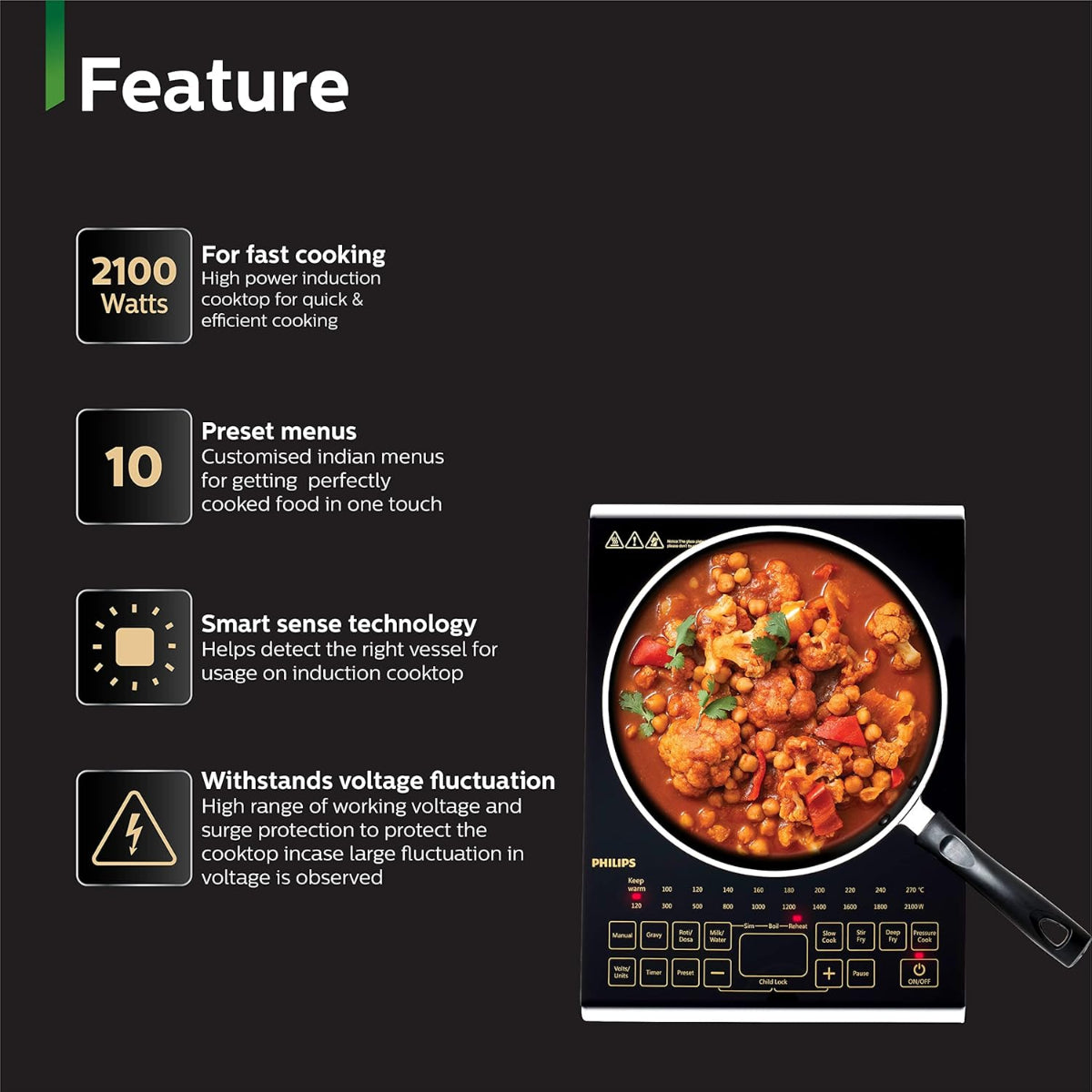 Philips 2100 Watt Induction Cook Top with Sensor Touch & High quality Full Glass Panel, Black - HD4938/01