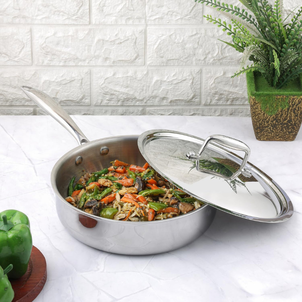 Vinod Platinum Triply Stainless Steel Sautepan with Stainless Steel Lid 2.6 Liter, 24 cm | Induction Friendly, Silver - PSTP24