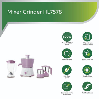 Philips 600W Turbo Motor Juicer Mixer Grinder Come with 3 Jar - HL7581/00