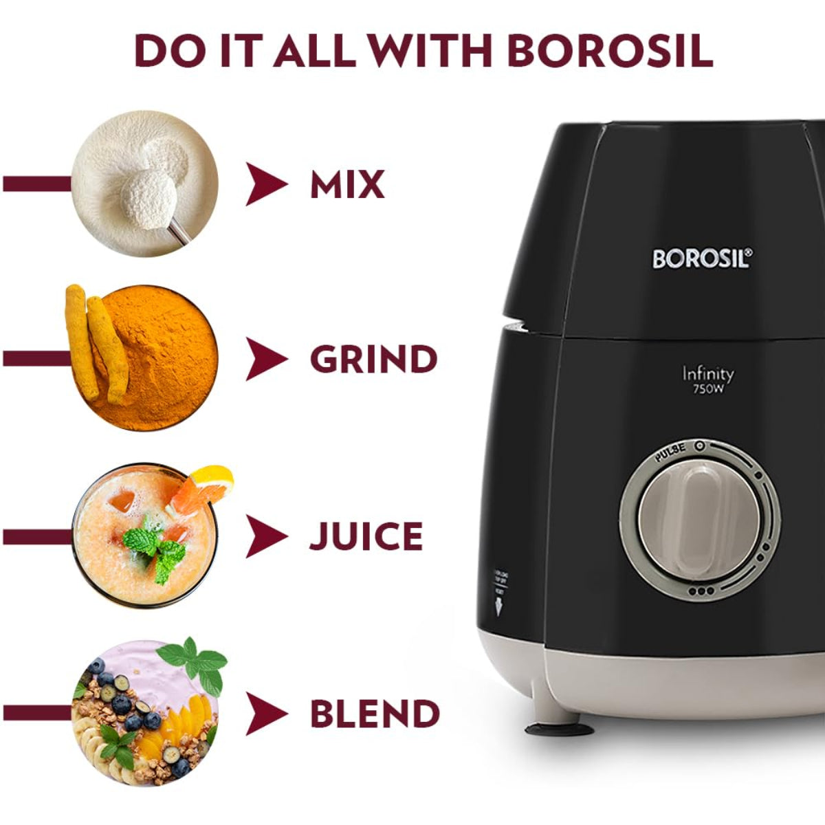 Borosil Infinity 750 Watts Mixer Grinder with 3 Stainless Steel Jars - HAMG03