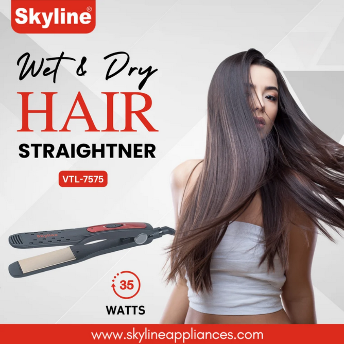 Skyline 35 Watts Wet and Dry Ceramic Plate Hair Straightener - VTL-7575