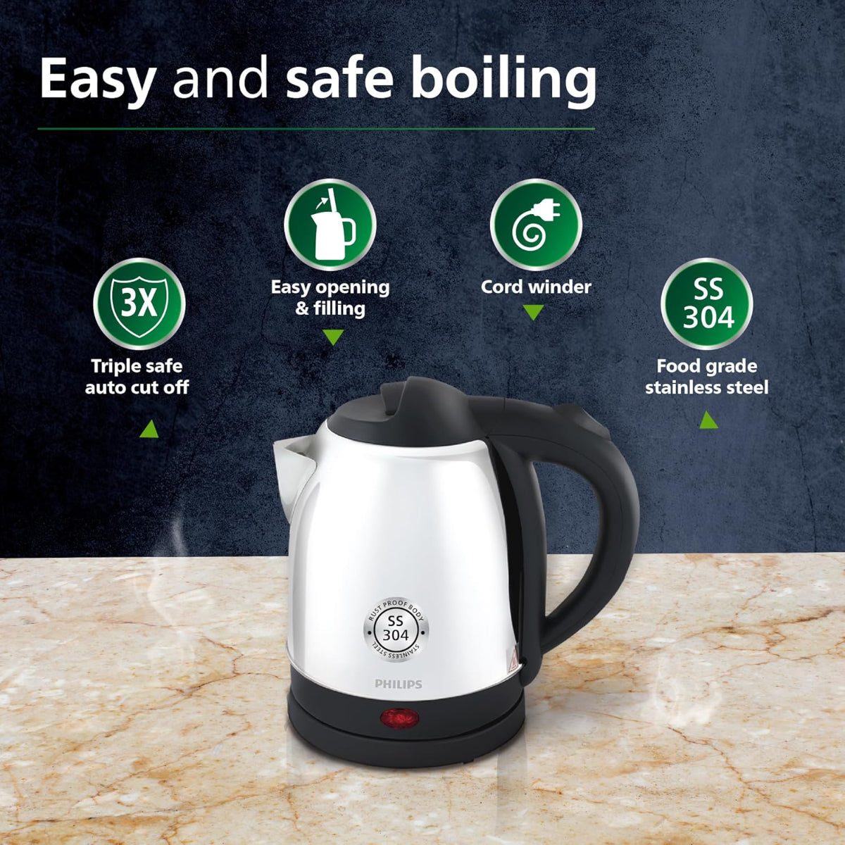 Philips 1300 Watt - 1.5L Kettle with 25% Thicker Body for Longer Life and Triple Safe Auto Cut off - HD9373/00