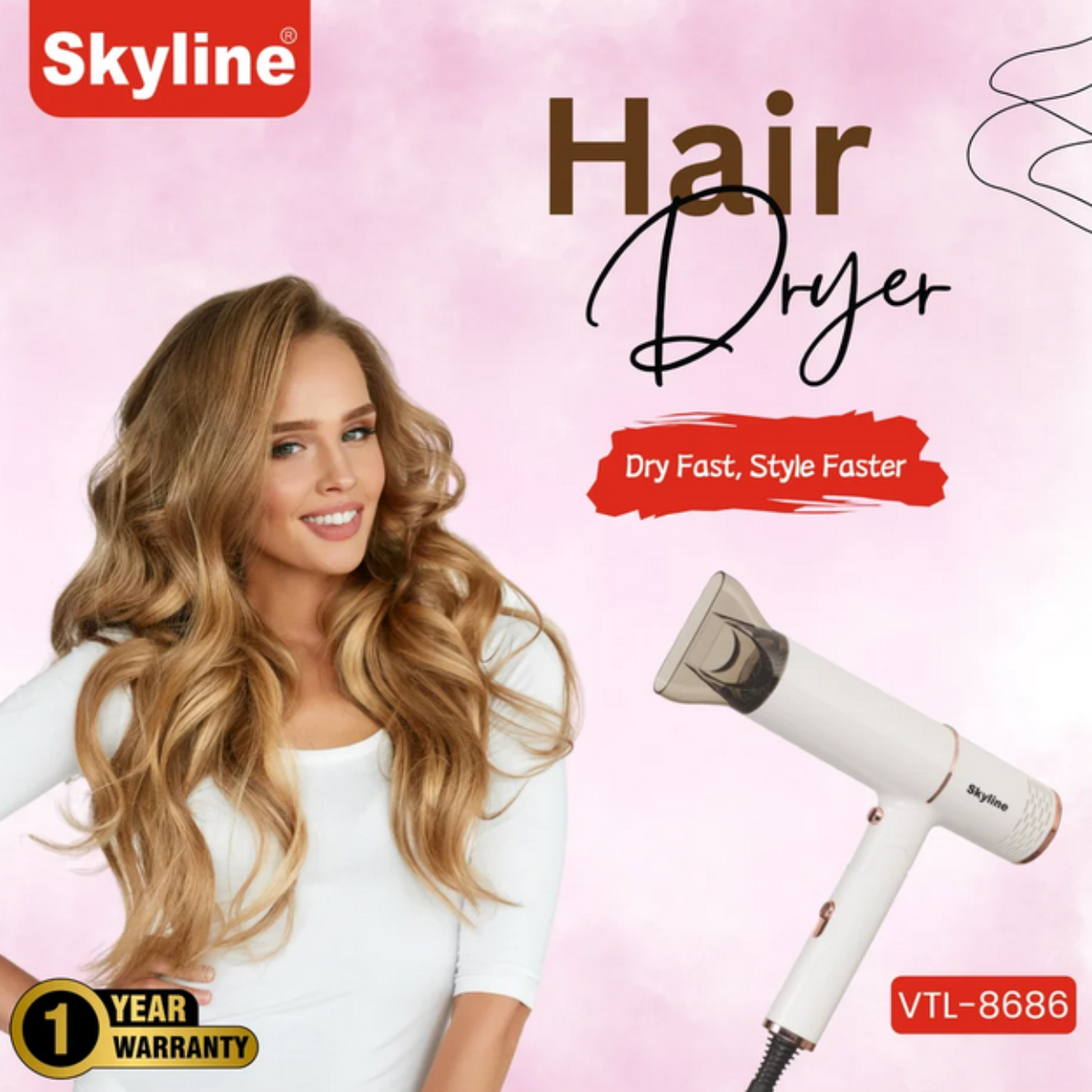 Skyline Hair Dryer 1600 Watts with Cool Shot & Foldable Handle - VTL-8686