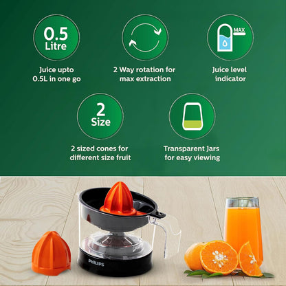 Philips Citrus Press Juicer 25Watt 0.5 Liter, Transparent & Black - HR2777/00