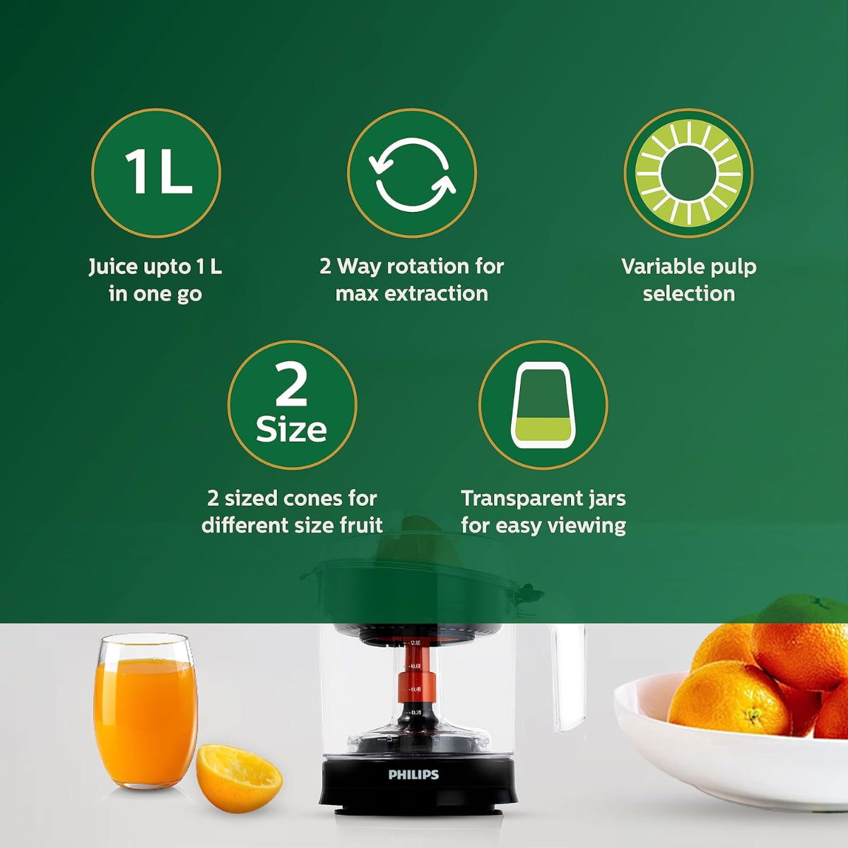 Philips Citrus Press Juicer 1 Liter 25 Watts | Transparent & Black - HR2799/00