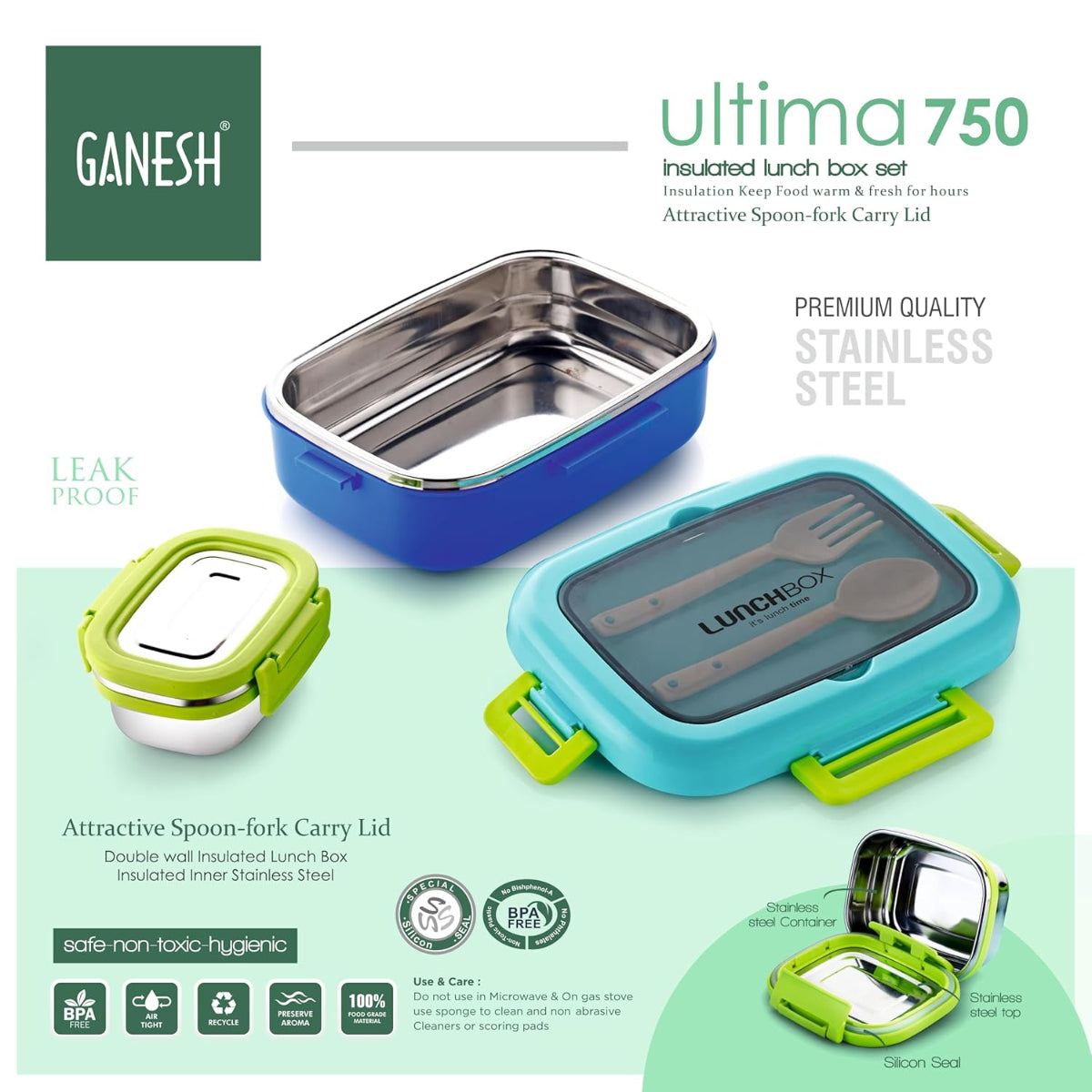 Ganesh Ultima Insulated Airtight Leak-Proof Lunch Box for Office and School, 750 ml - BPA Free