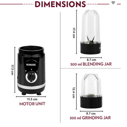 Borosil Nutrifresh 400W Blender Grinder & Smoothie Maker with 2 Jars & Copper Motor, Black - BNB04