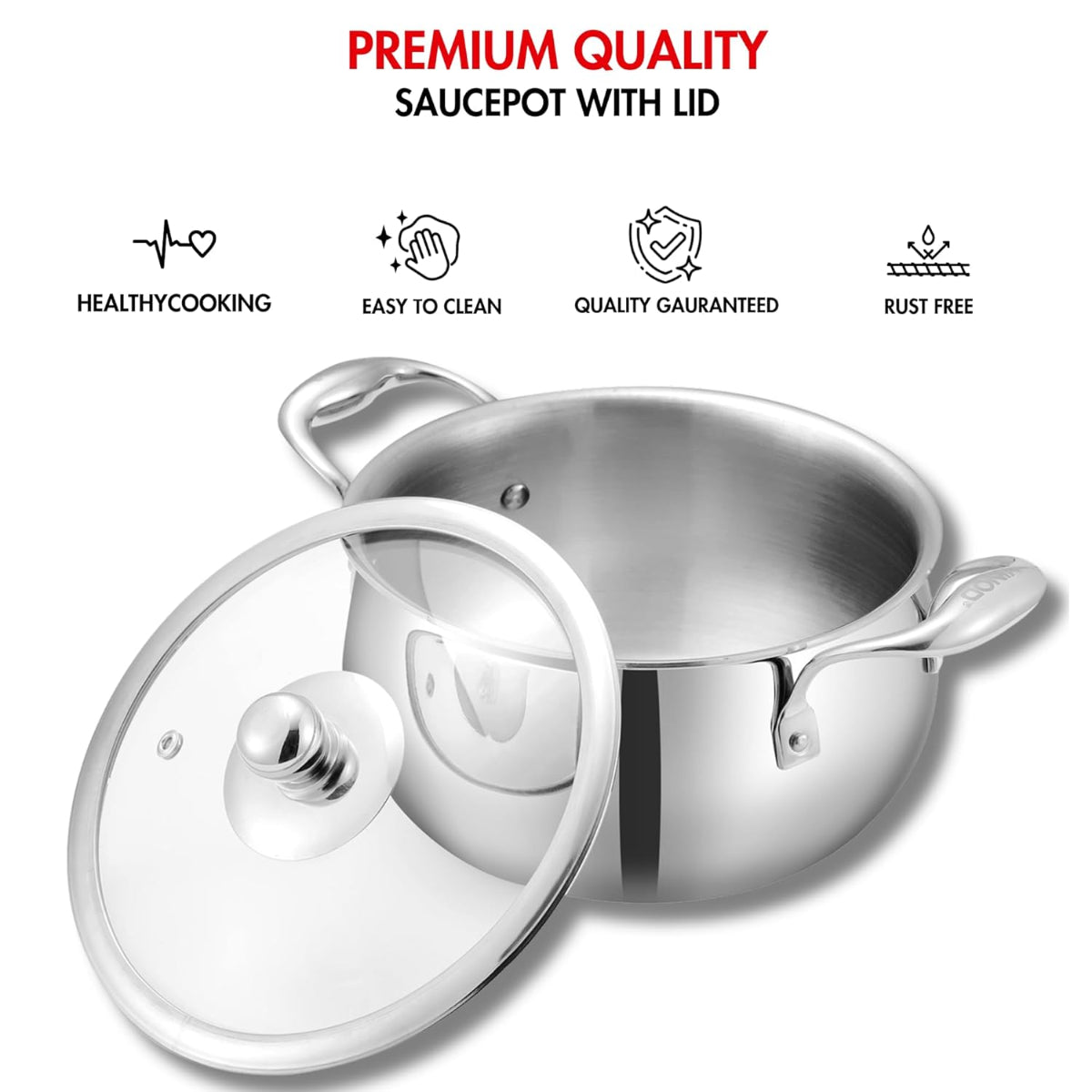 Vinod Platinum Triply Stainless Steel Medium Belly Saucepot With Glass Lid 2 Liter | Induction Base, Silver - PSOM16