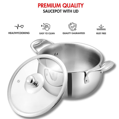 Vinod Platinum Triply Stainless Steel Medium Belly Saucepot With Glass Lid 2 Liter | Induction Base, Silver - PSOM16