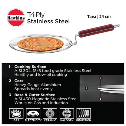 Hawkins 24 cm Triply Stainless Steel Tava with Wooden Handle, Induction Tawa - SSTV24