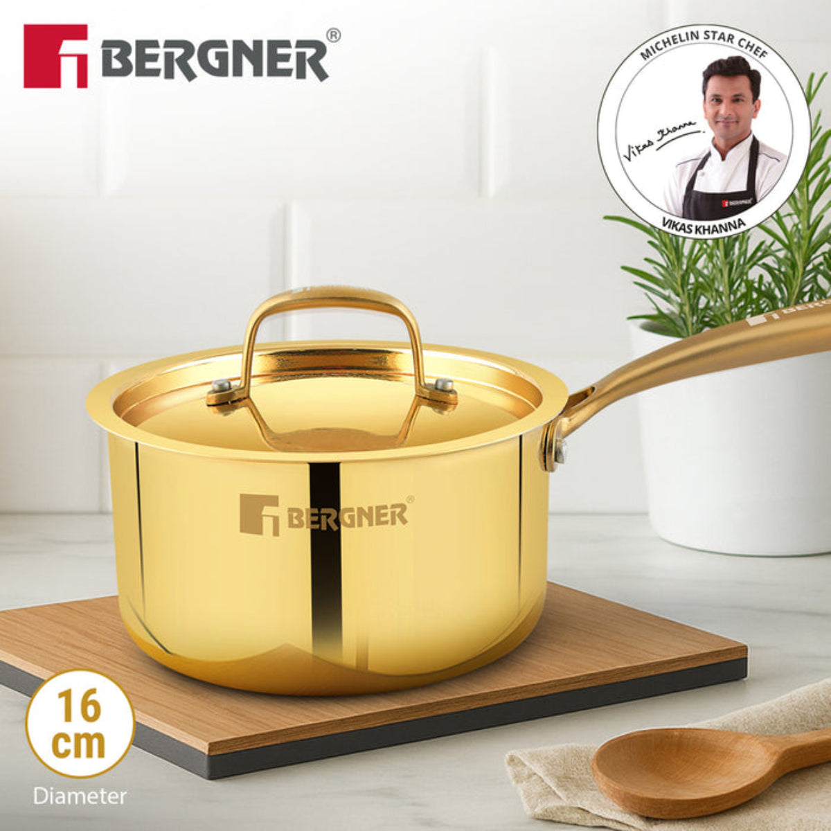 Bergner Peetlam Saucepan with Lid 16cm/1.6L, Traditional, Tin/Kalai Coated Brass