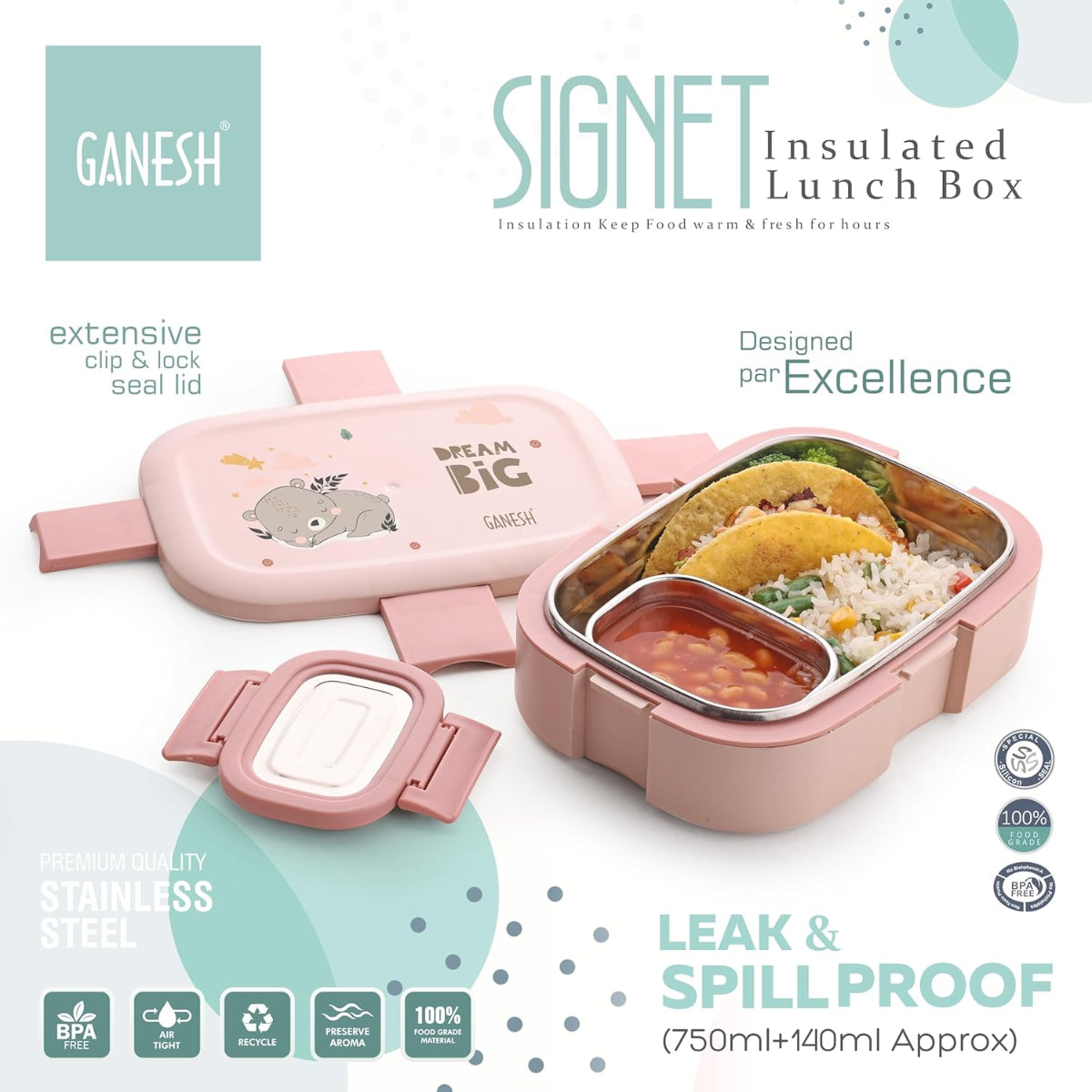 Ganesh Signet Insulated Lunch Box for Office & School, 750 ml - BPA Free