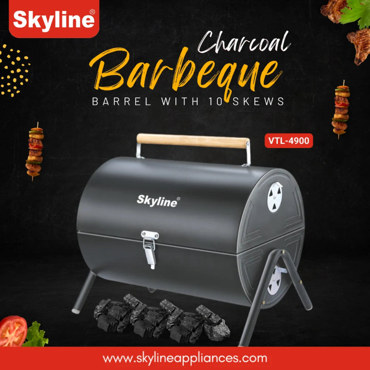 Skyline Barrel Charcoal Barbeque with 10 Skews - VTL-4900
