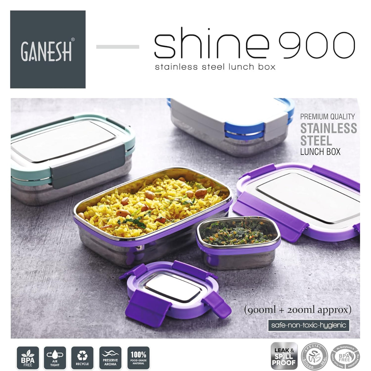 Ganesh Shine Stainless Steel Airtight Leak-Proof Lunch Box for Office & School, 900 ml - BPA Free