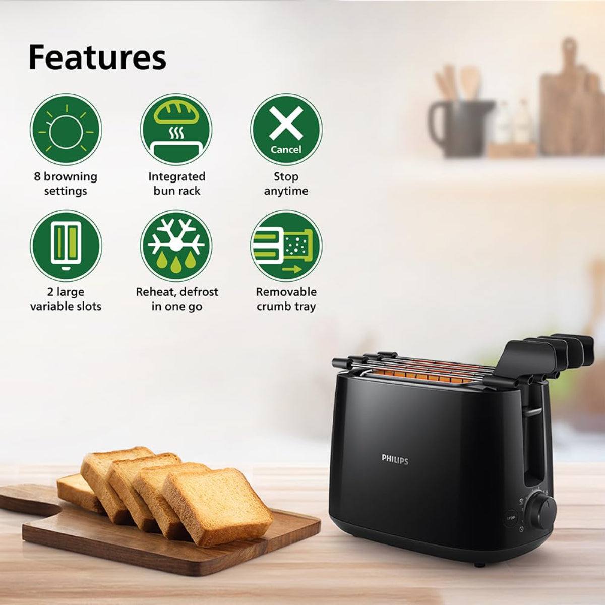 Philips 600 Watts 2-Slice Toaster with Integrated Bun Rack Black - HD2583/90