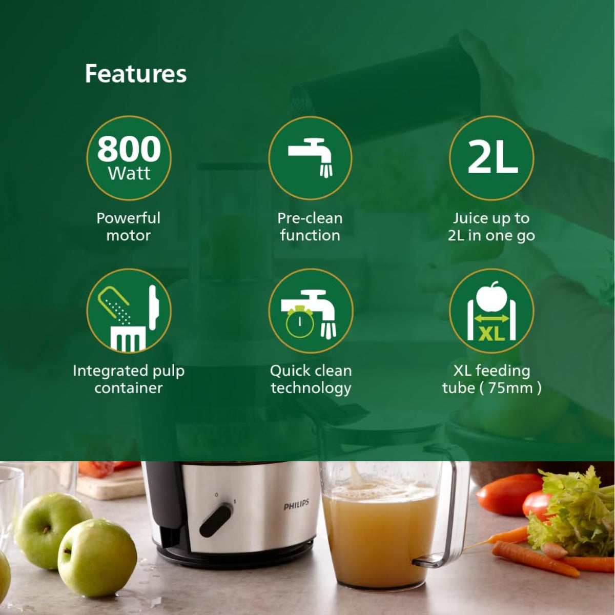 Philips Quick Clean Juicer 800 Watts | 2 Liter Juice, Black & Silver - HR1863/20