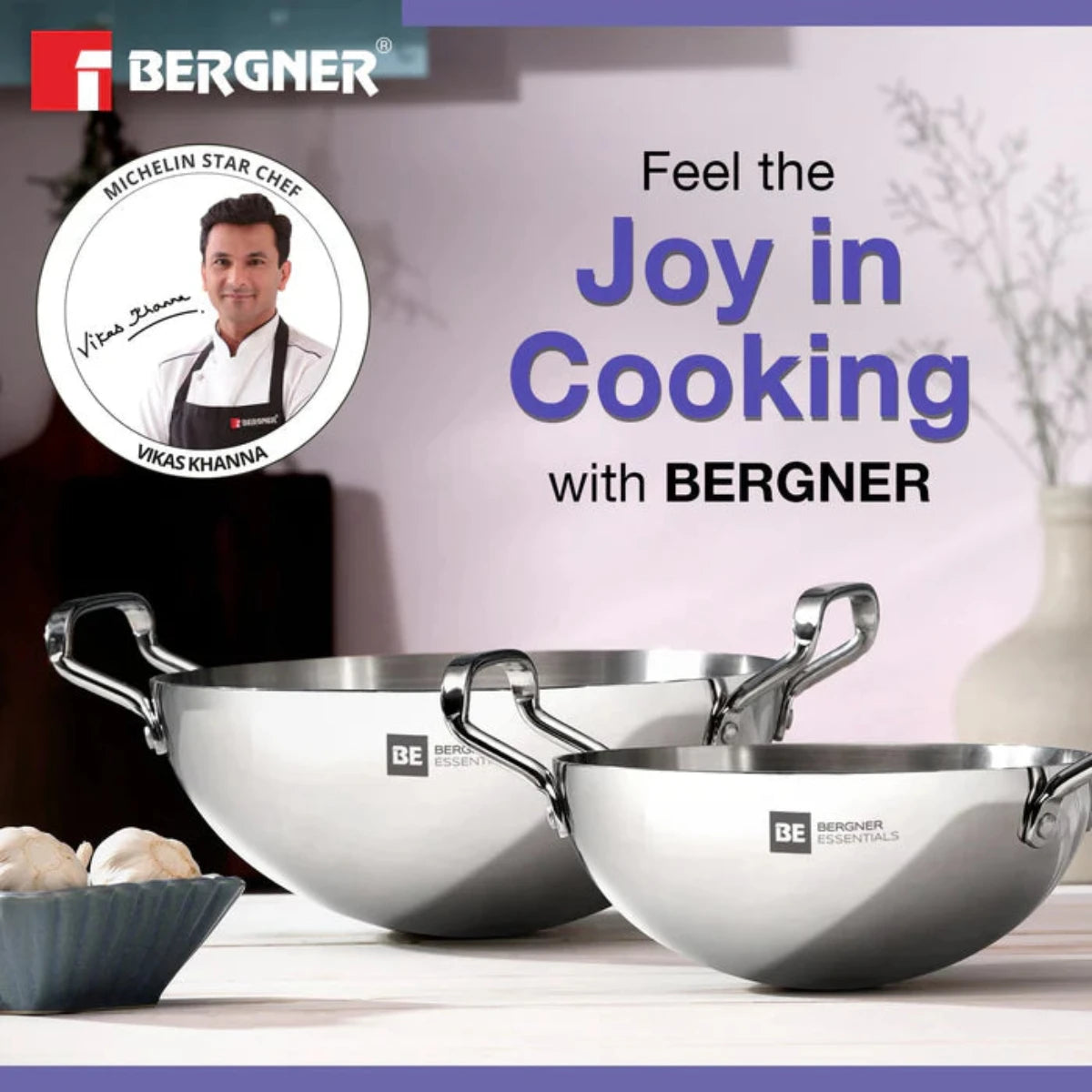 Be Bergner 28cm TriPly Stainless Steel Extra Deep Kadhai, (Induction Base)