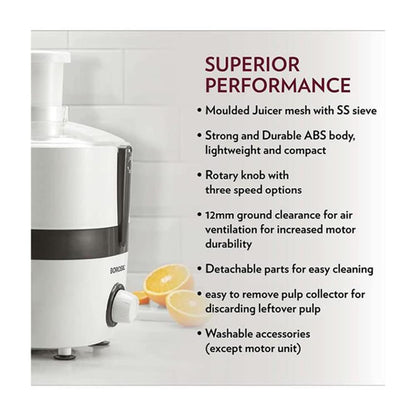 Borosil Primus III Juicer | 500 Watts Stainless Steel Centrifugal Juicer - BJU50PBW22