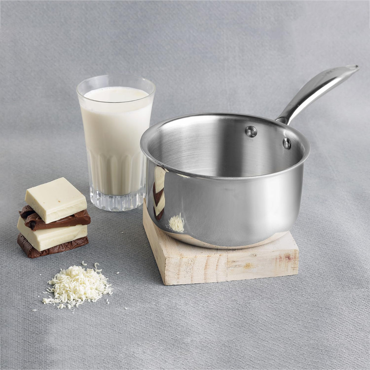 Vinod Platinum Triply Stainless Steel Milkpan - 1.2 Litre, 14 cm | Easy Pour Spout | Induction Base, Silver - PTMP14