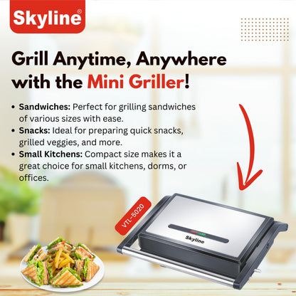 Skyline 1200W Mini Griller with Non-Stick Plates & Cool Touch Handle - VTL-5020