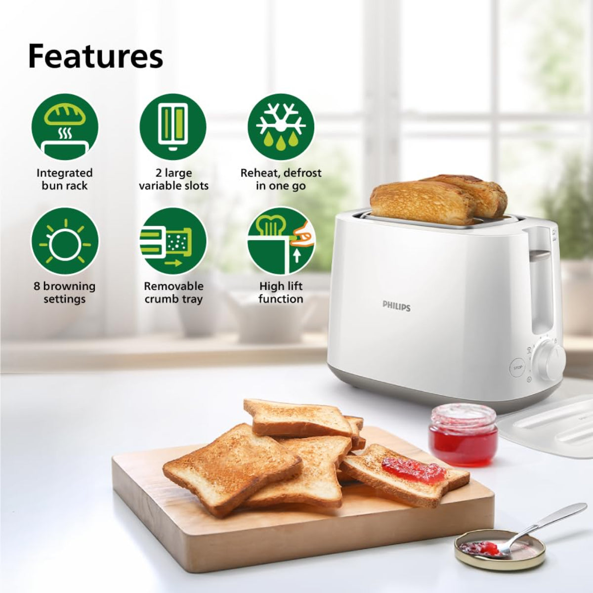 Philips 760-900 Watts Two Slice Pop Up Toaster with Bun Warmer - HD2582/00