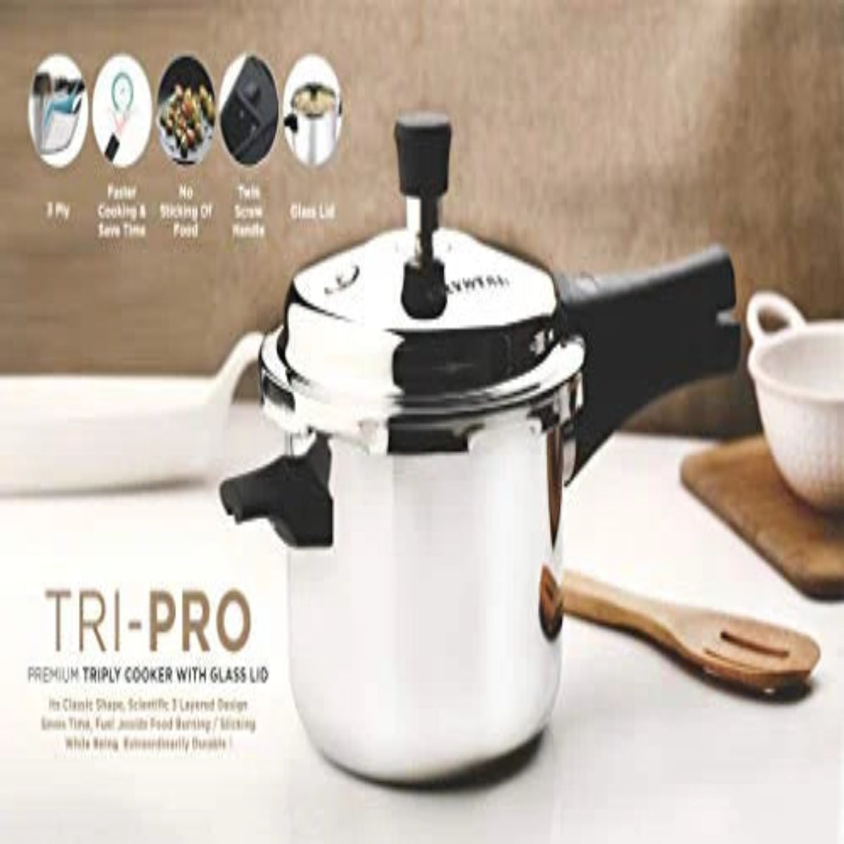 Crystal Tri-Pro Triply SS 2L Pressure Cooker with Additional Glass Lid, Induction - CPC-021