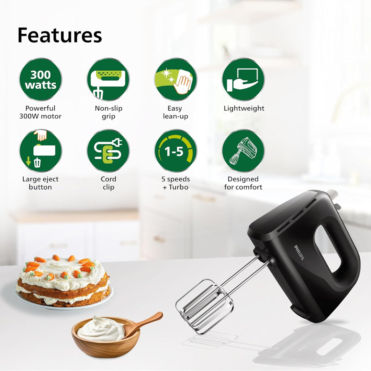 Philips Daily Hand Mixer 300W 5 Speed Control Settings, Black - HR3705/10