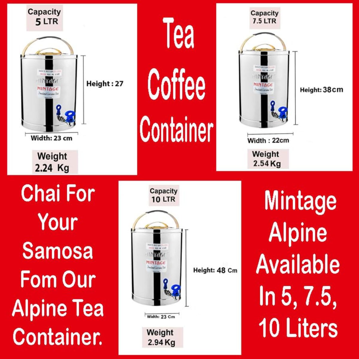 Mintage 7.5L Hot & Cold Tea Container Sleek Alpine With Golden Lid - TCA-75