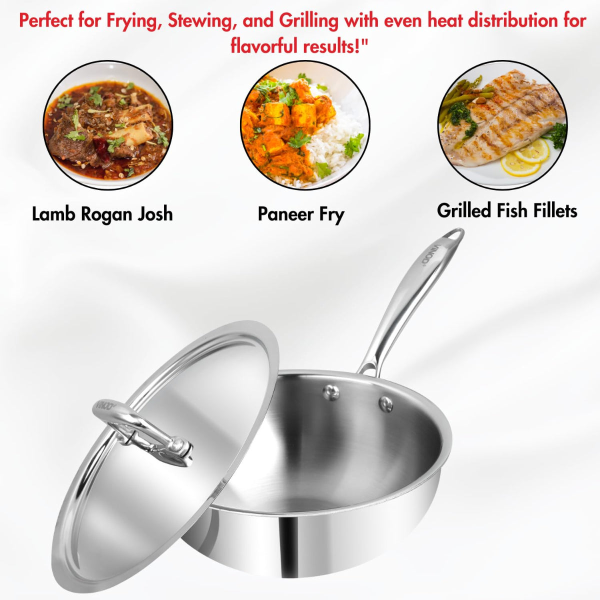 Vinod Platinum Triply Stainless Steel Deep Frypan with Stainless Steel Lid 22 cm | Induction Friendly, Silver -  PTDF22
