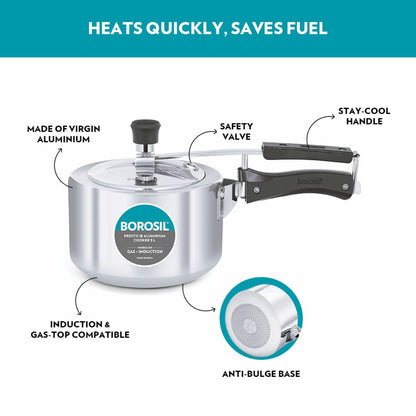 Borosil Presto Aluminum 3 Liter Inner Lid Pressure Cooker, Induction Base - CFPC3LAL02