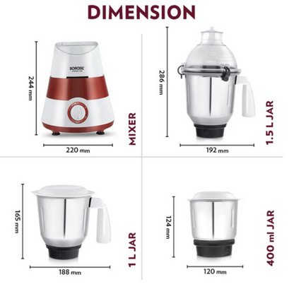 Borosil Supermax Mixer Grinder 750 Watts with 3 Stainless Steel Jars, Red - HAMG750W28