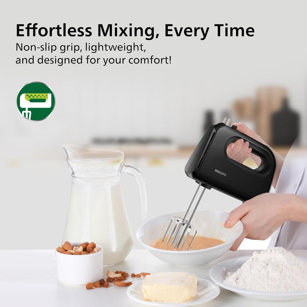 Philips Daily Hand Mixer 300W 5 Speed Control Settings, Black - HR3705/10