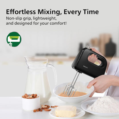 Philips Daily Hand Mixer 300W 5 Speed Control Settings, Black - HR3705/10