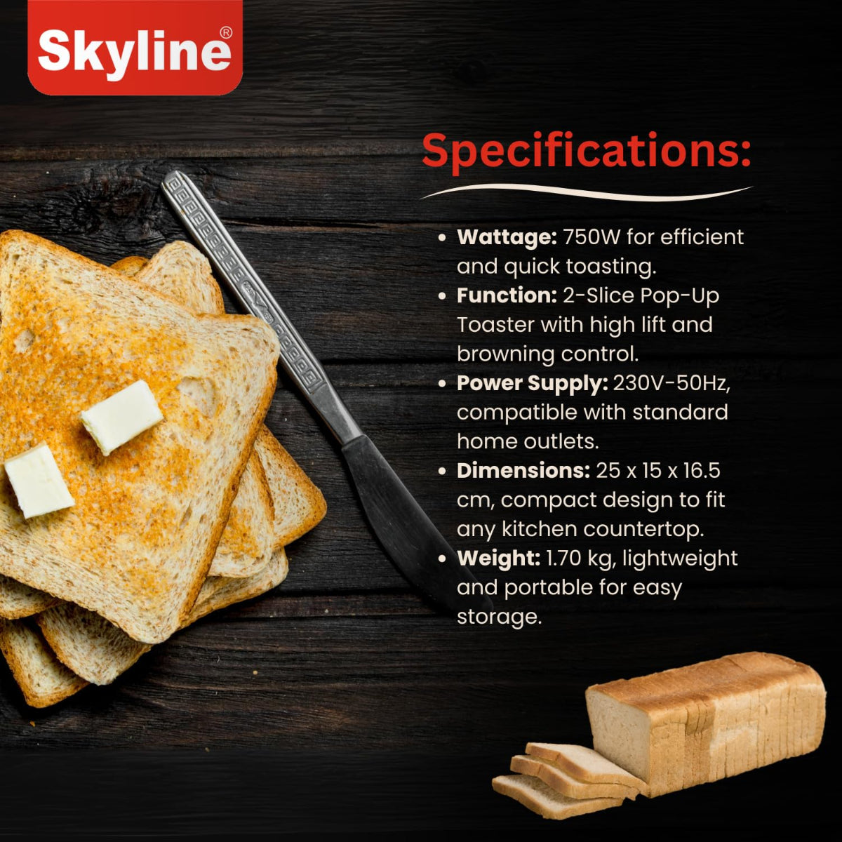 Skyline 750W 2-Slice Pop-Up Toaster with 7 Browning Levels - VTL-7022