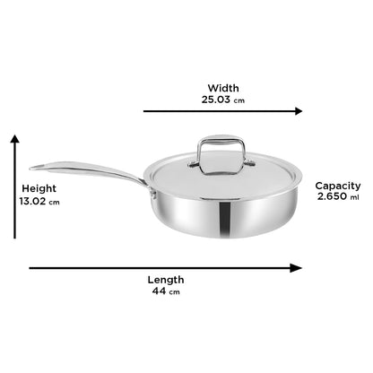 Vinod Platinum Triply Stainless Steel Sautepan with Stainless Steel Lid 2.6 Liter, 24 cm | Induction Friendly, Silver - PSTP24