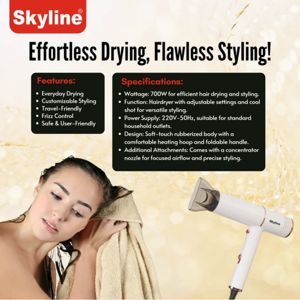 Skyline Hair Dryer 1600 Watts with Cool Shot & Foldable Handle - VTL-8686