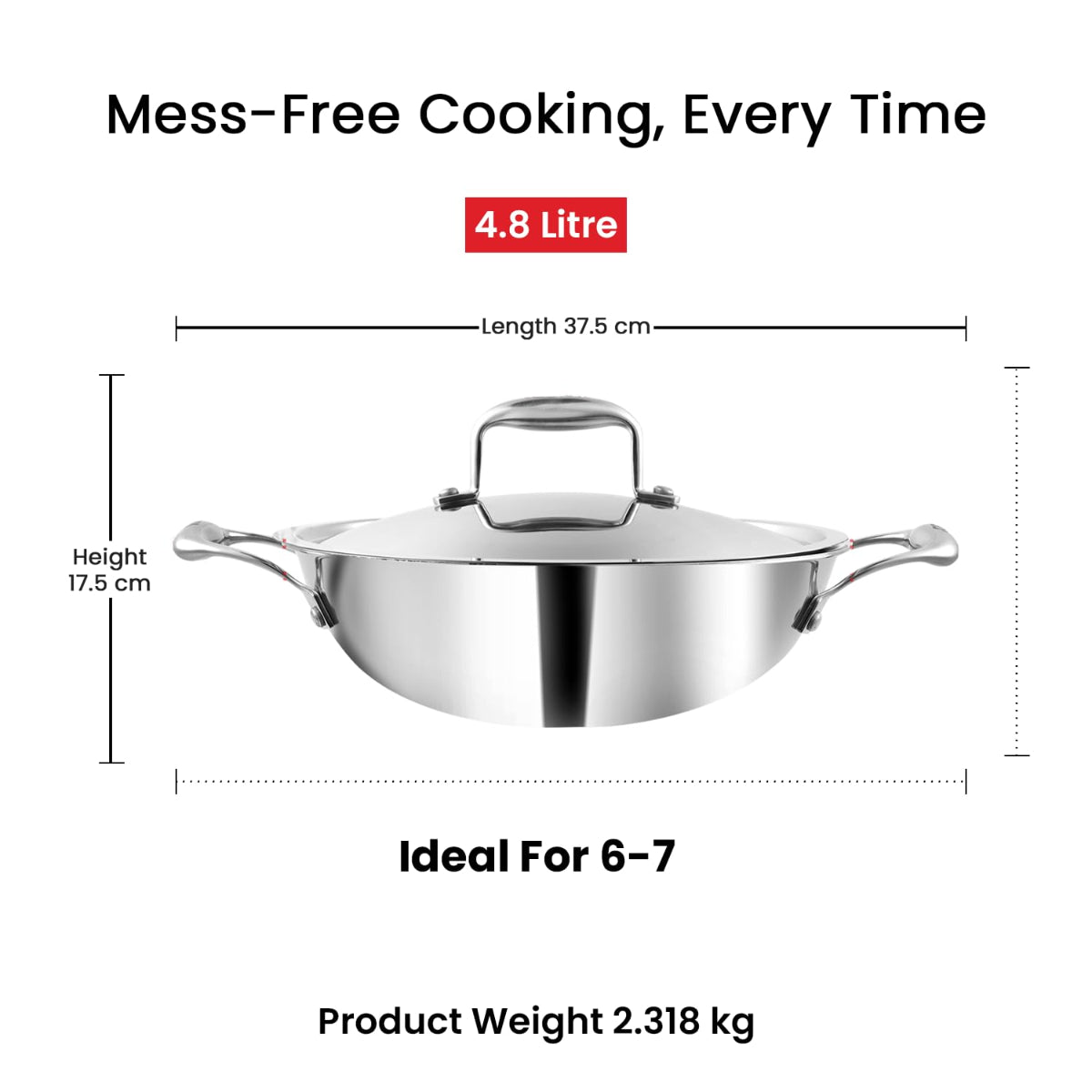 Vinod Platinum Triply Stainless Steel Extra Deep Kadhai With Stainless Steel Lid 4.8L (28 cm) Induction Base - EDPTKD28