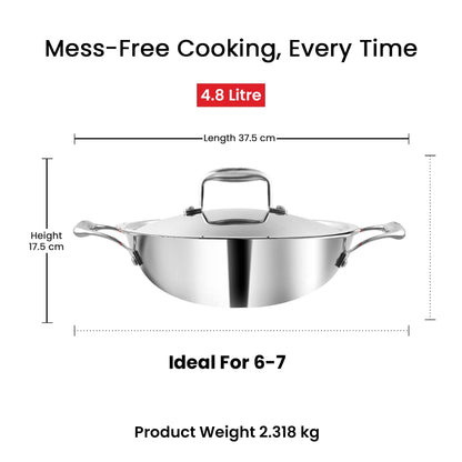 Vinod Platinum Triply Stainless Steel Extra Deep Kadhai With Stainless Steel Lid 4.8L (28 cm) Induction Base - EDPTKD28