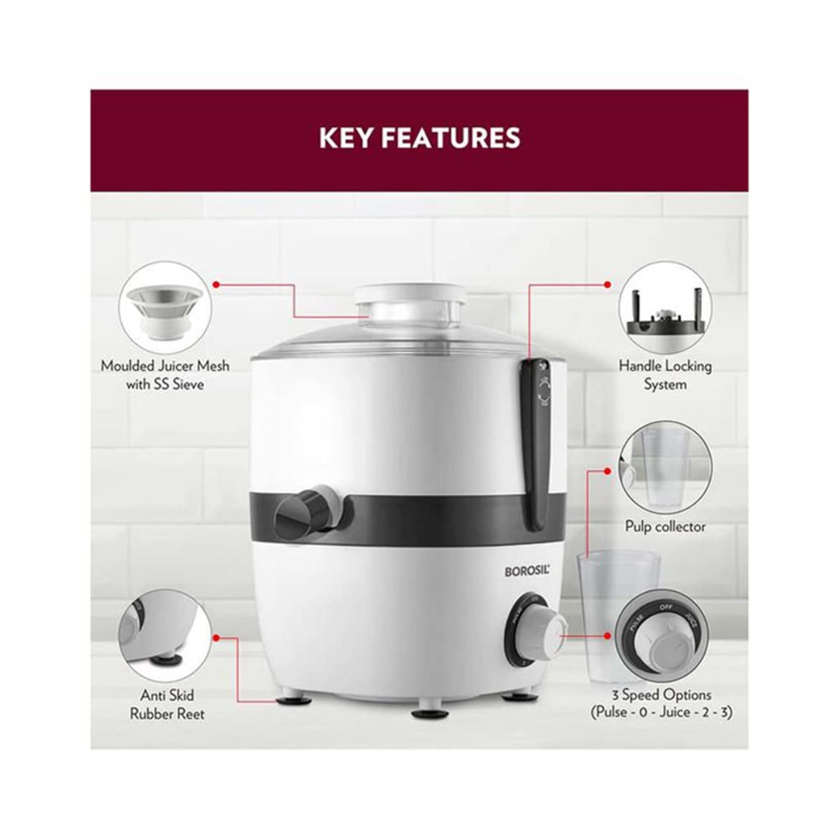 Borosil Primus III Juicer | 500 Watts Stainless Steel Centrifugal Juicer - BJU50PBW22