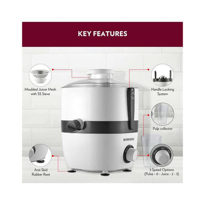 Borosil Primus III Juicer | 500 Watts Stainless Steel Centrifugal Juicer - BJU50PBW22