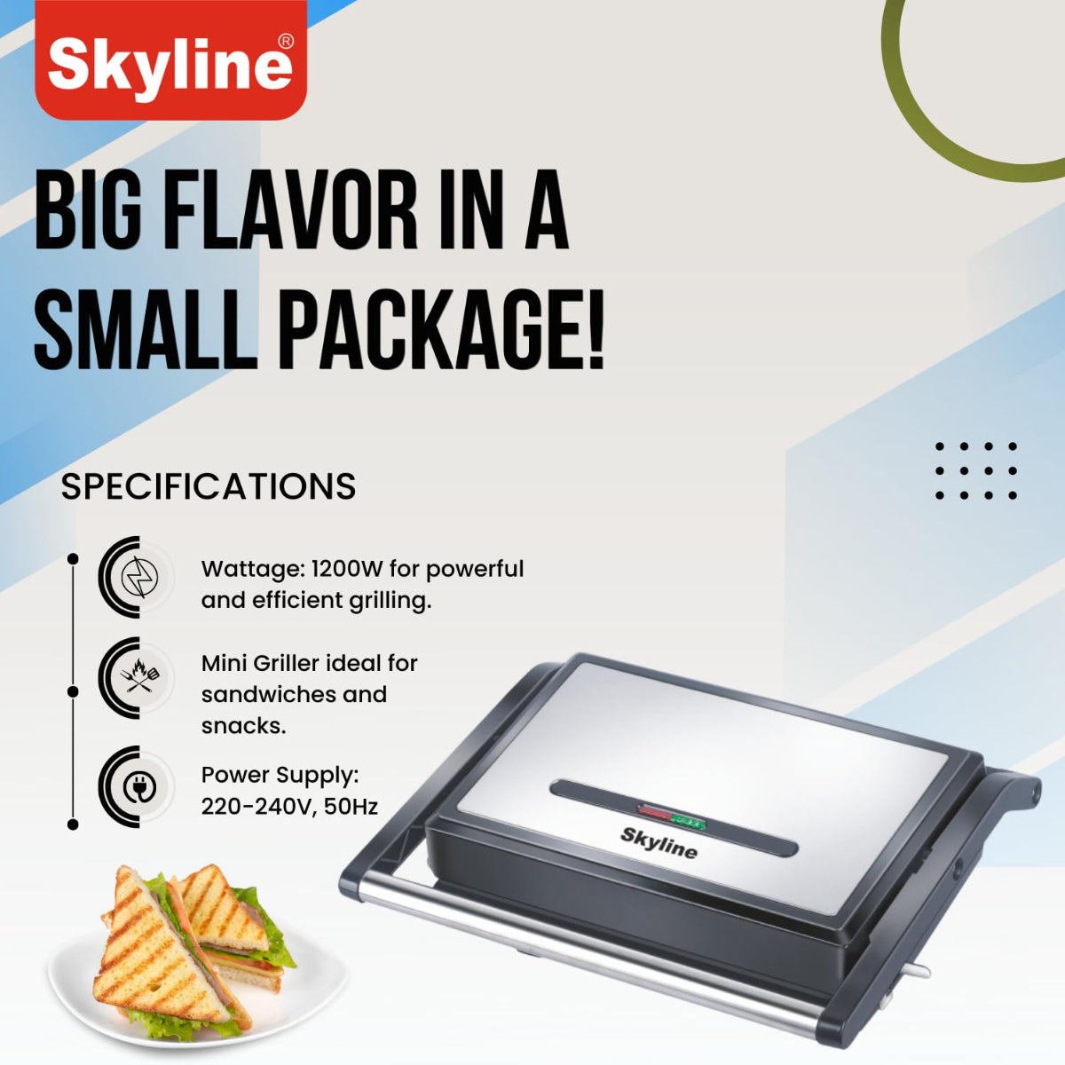 Skyline 1200W Mini Griller with Non-Stick Plates & Cool Touch Handle - VTL-5020