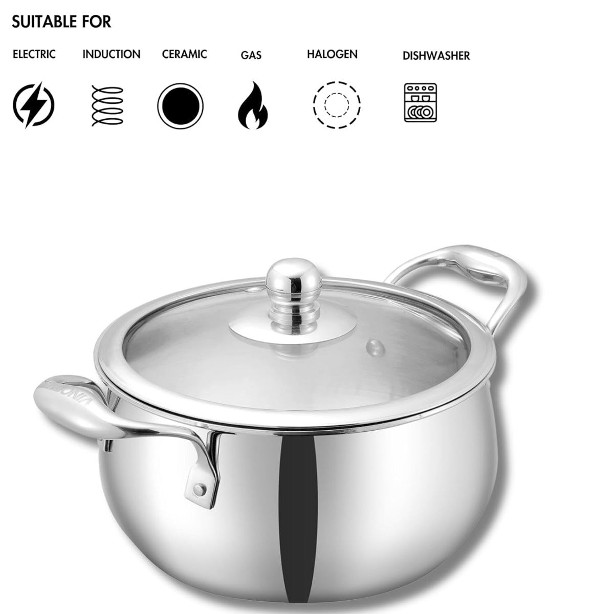 Vinod Platinum Triply Stainless Steel Medium Belly Saucepot With Glass Lid 2 Liter | Induction Base, Silver - PSOM16