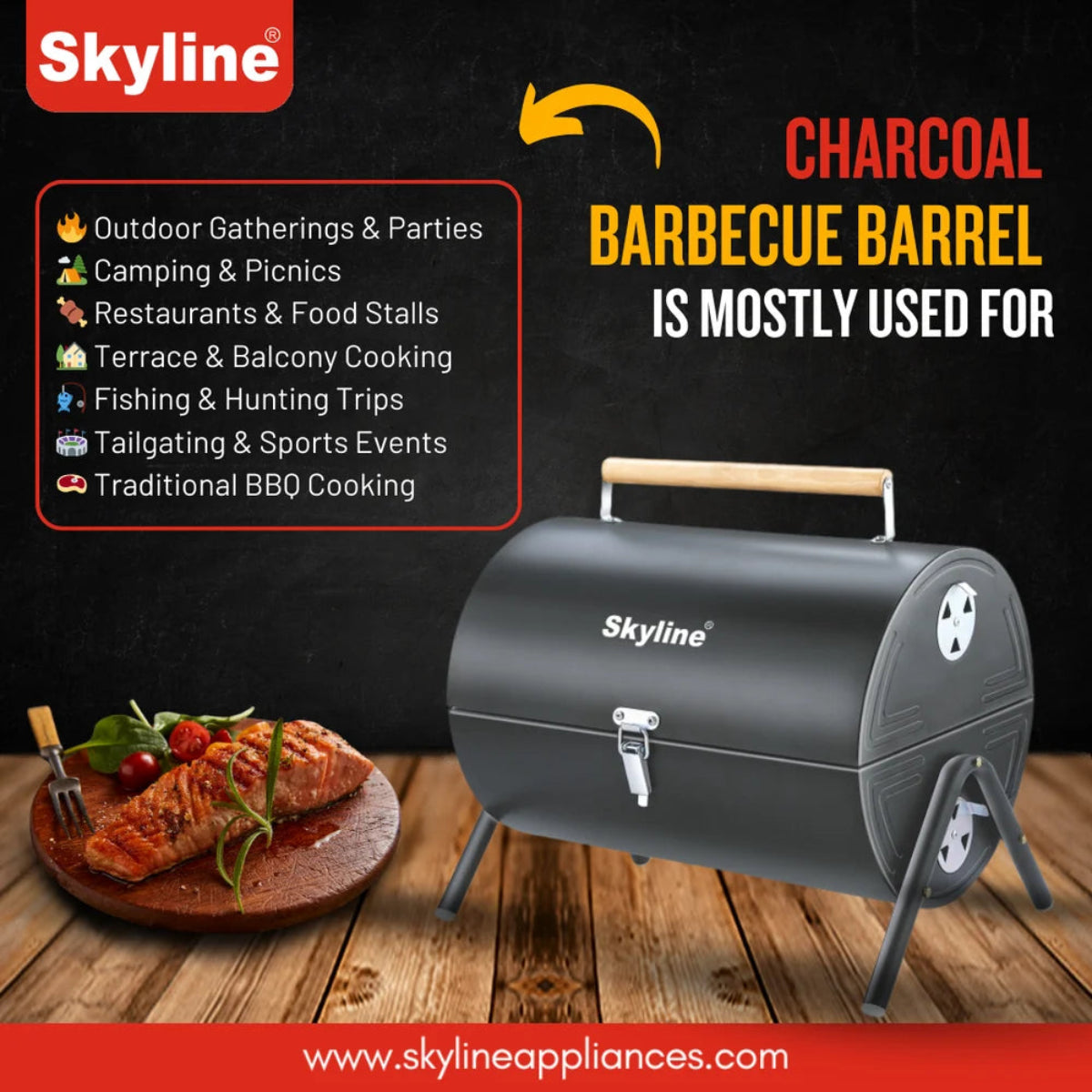 Skyline Barrel Charcoal Barbeque with 10 Skews - VTL-4900