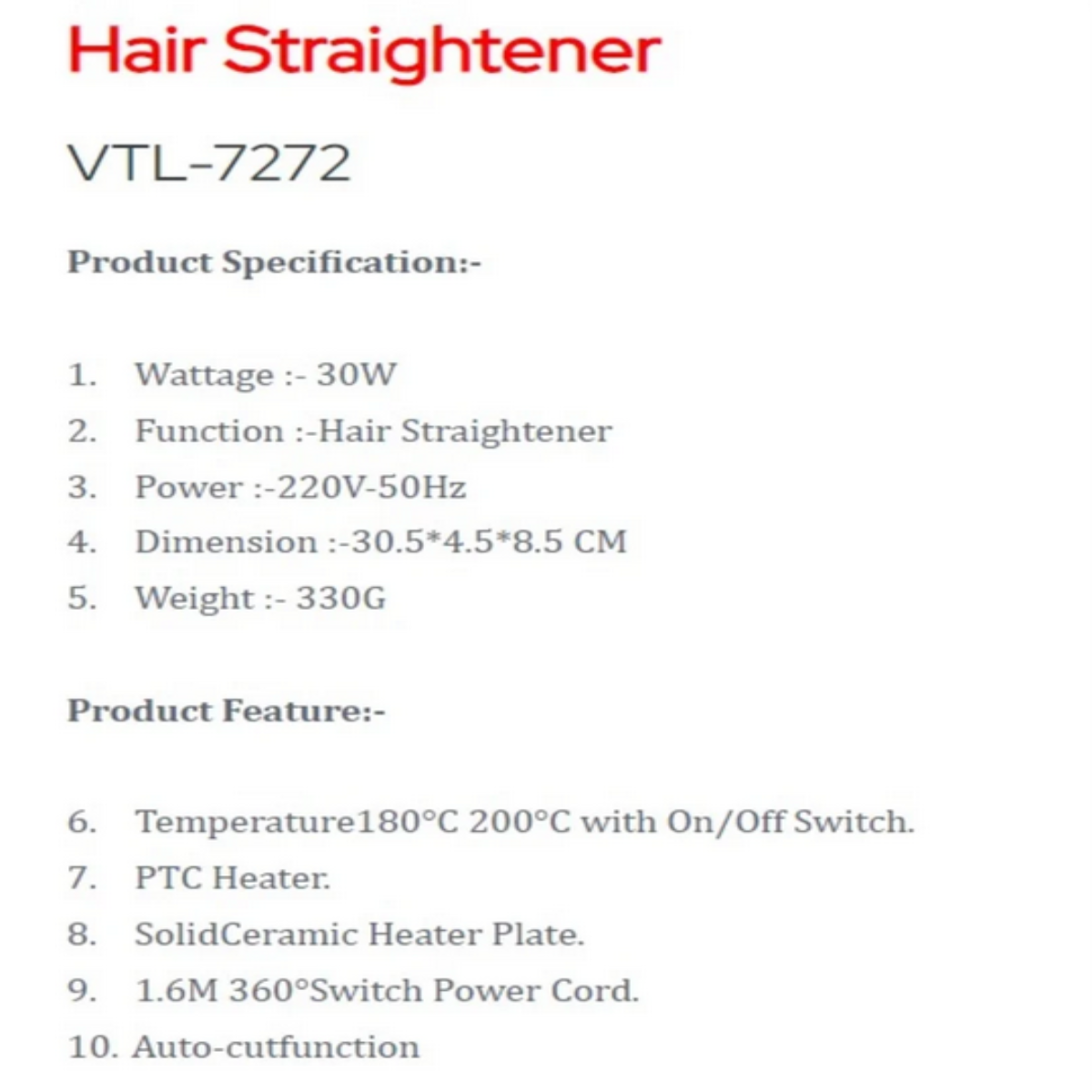 Skyline 35 Watts Ceramic Plate Hair Straightener - VTL-7272
