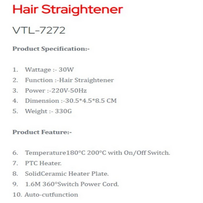 Skyline 35 Watts Ceramic Plate Hair Straightener - VTL-7272