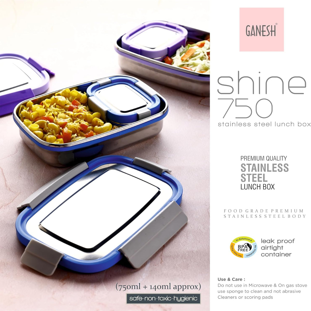 Ganesh Shine Stainless Steel Leak Proof Lunch Box Set for School & Office 750 ml - BPA Free