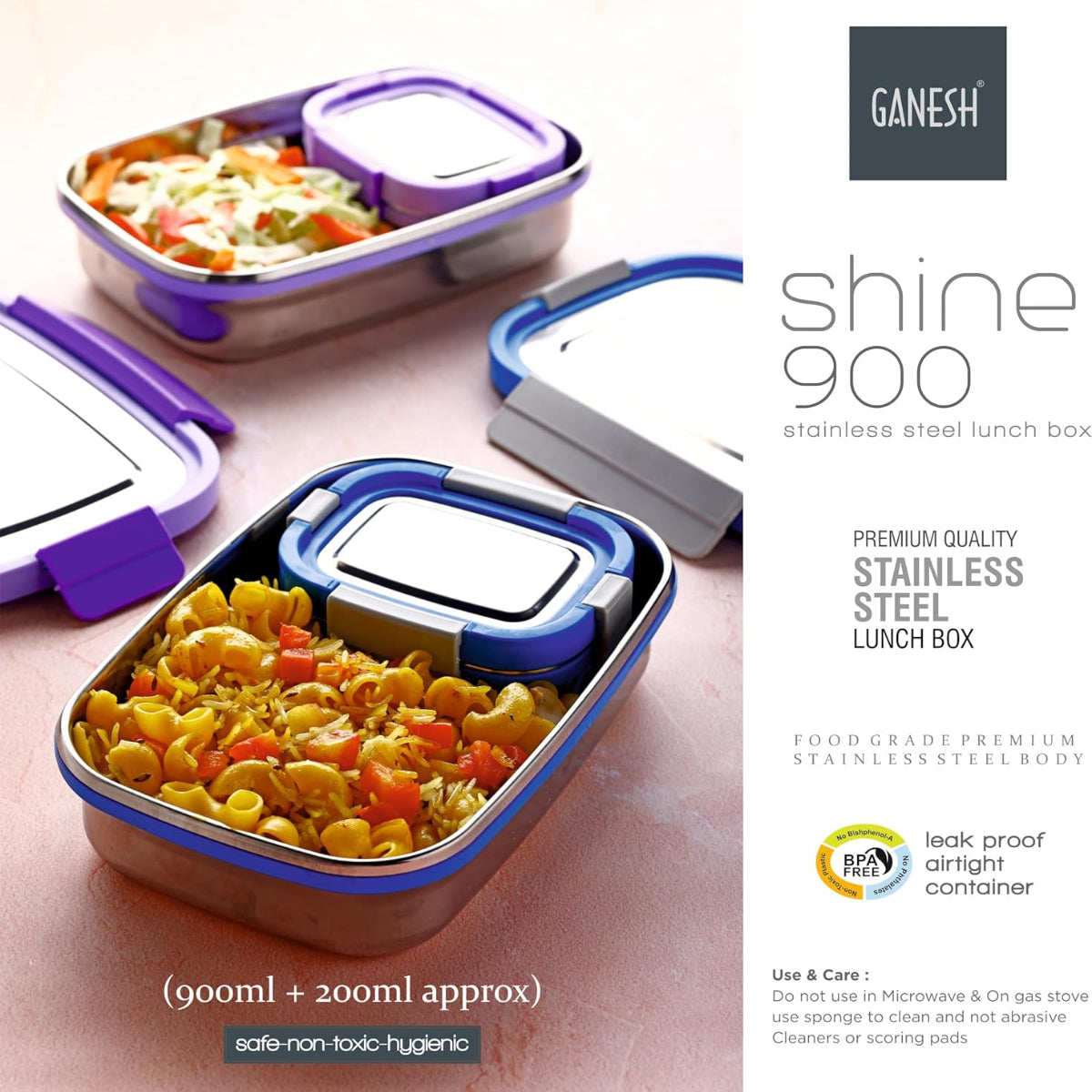 Ganesh Shine Stainless Steel Airtight Leak-Proof Lunch Box for Office & School, 900 ml - BPA Free
