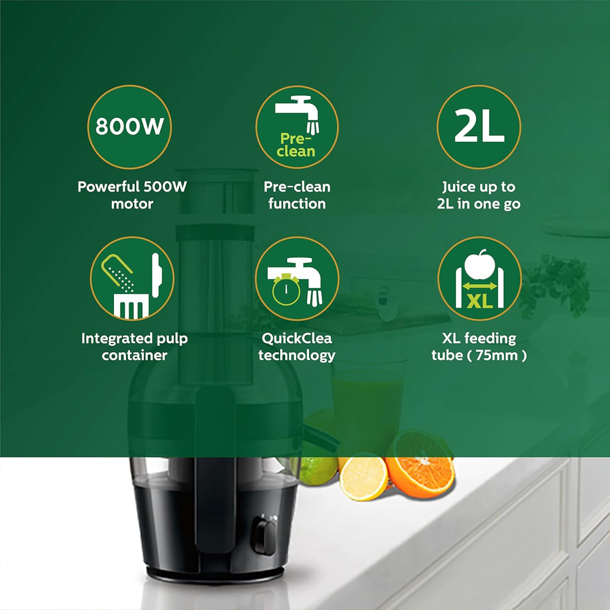 Philips Quick Clean Juicer 800 Watts, 2 Liter Juice Capacity, Black - HR1855/70
